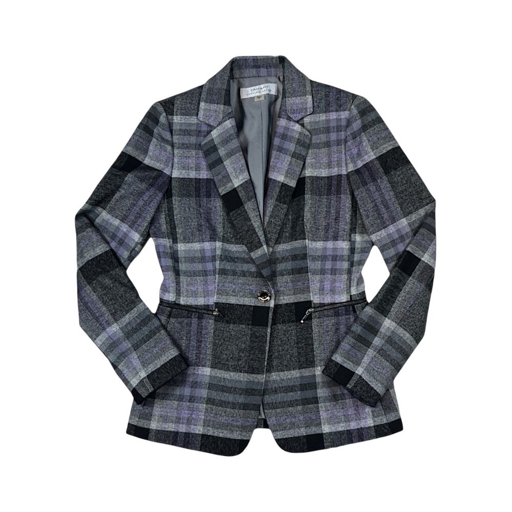 Tahari One Button Gray Purple Plaid Tailored Career Blazer | Size 2